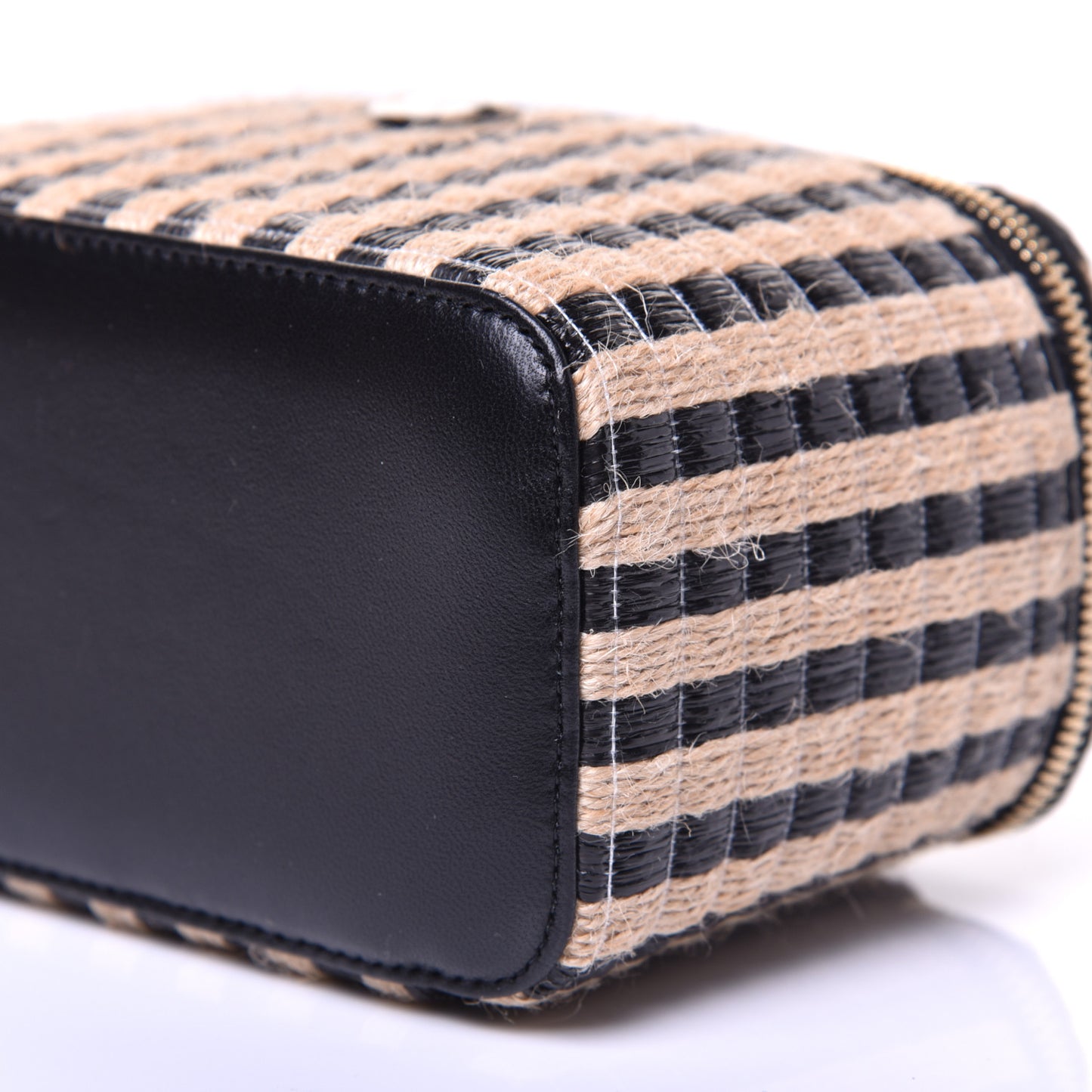 Raffia Jute Striped Small Vanity Case With Chain Black Beige