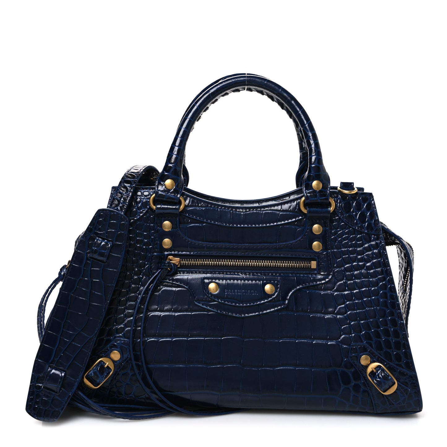 Shiny Supple Calfskin Crocodile Embossed Neo Classic Gold Hardware S City Navy