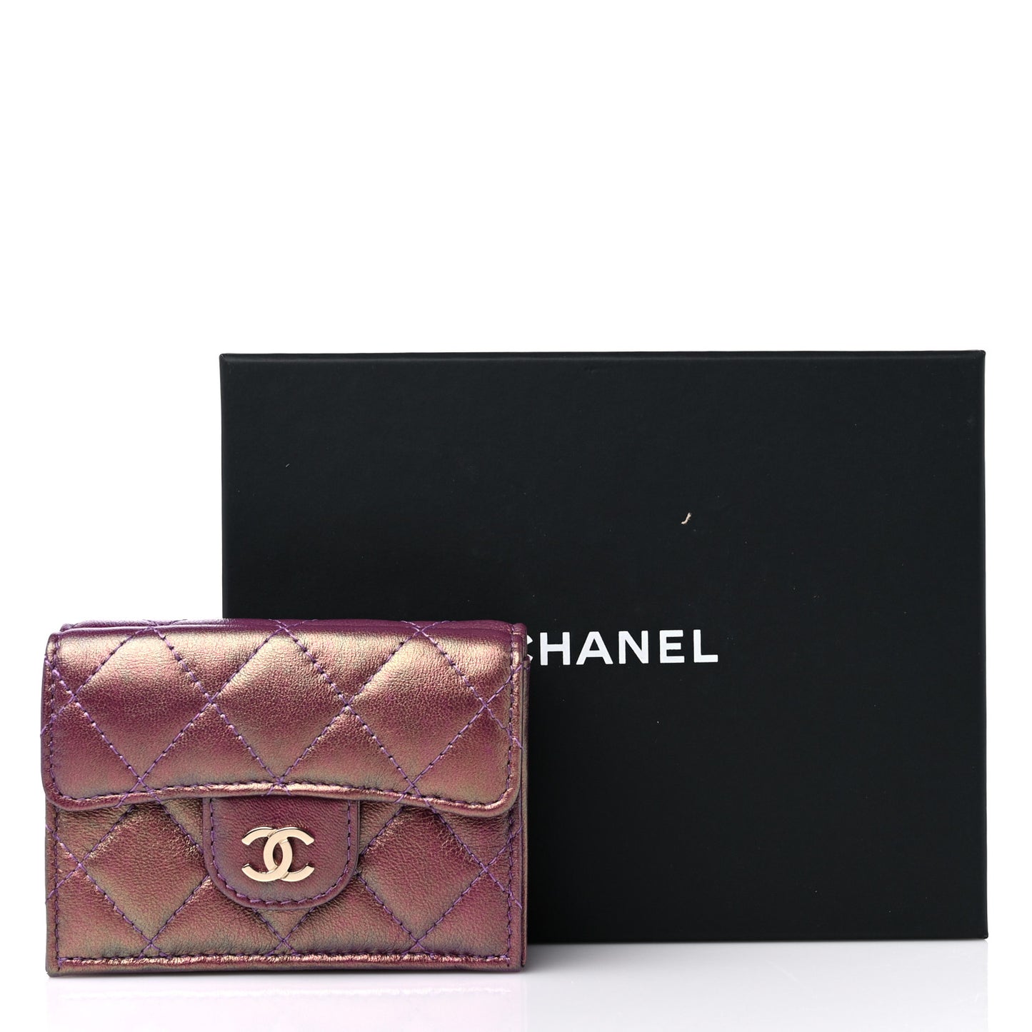 Iridescent Lambskin Small Quilted Flap Wallet Purple