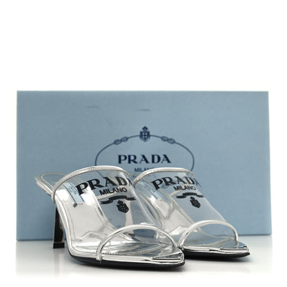 Prada Plexiglass Metallic Calfskin Metal Triangle Logo 75mm Slide Sandals 35 Argento 8 of 8