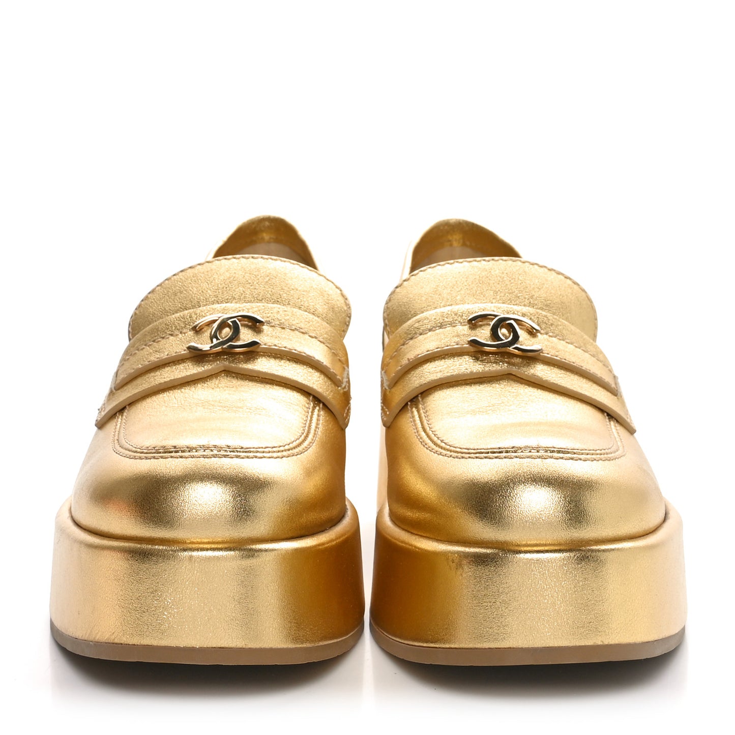 Laminated Calfskin CC Platform Loafers 38.5 Golden