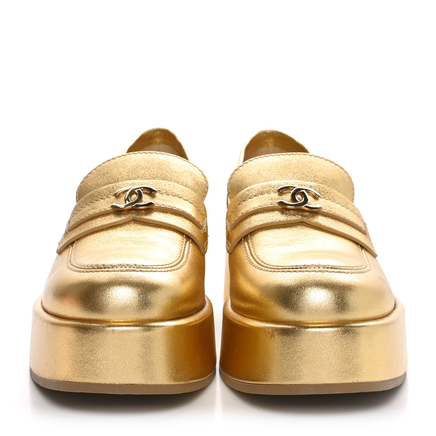 Chanel Laminated Calfskin CC Platform Loafers 38.5 Golden 3 of 8