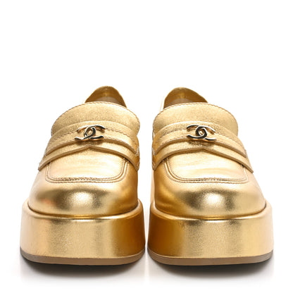 Chanel Laminated Calfskin CC Platform Loafers 38.5 Golden 3 of 8