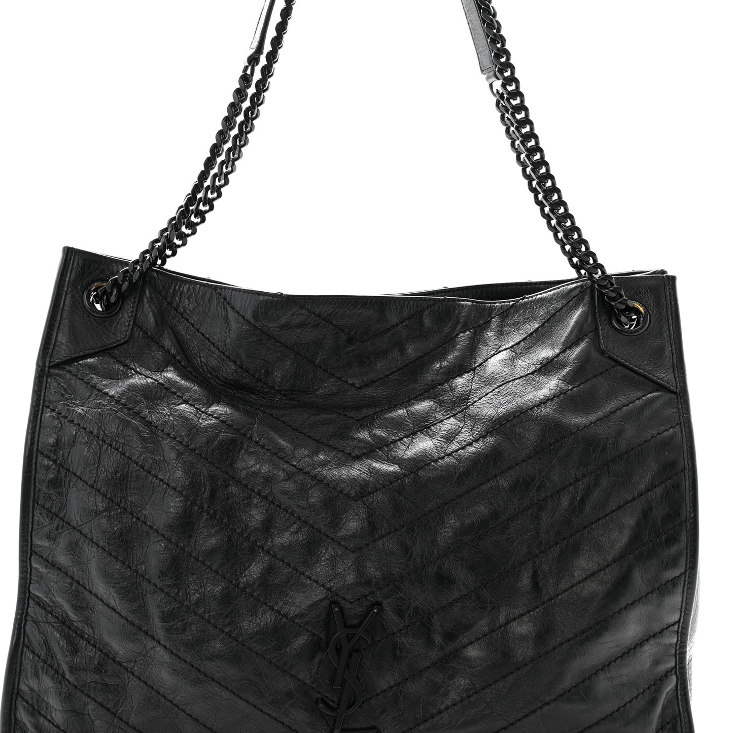 Crinkled Calfskin Matelasse Monogram Large Niki Shopper Tote Black