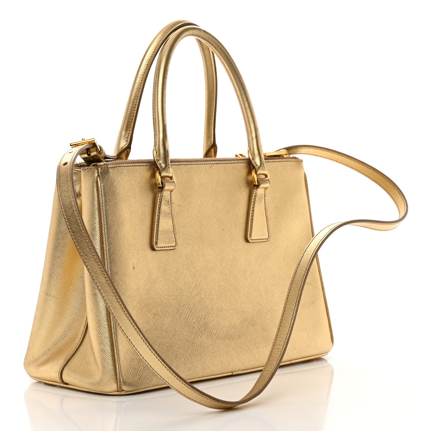 Metallic Saffiano Small Galleria Double Zip Tote Platino