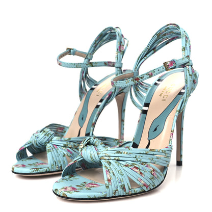 Gucci Malaga Kid Floral Print Knotted Allie Sandals 37 Aquamarine 4 of 9