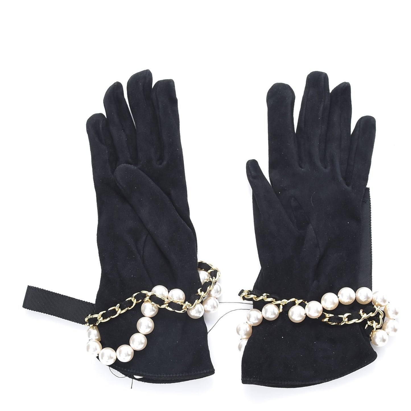 Suede Lambskin Pearl Grosgrain Gloves 7.5 Black