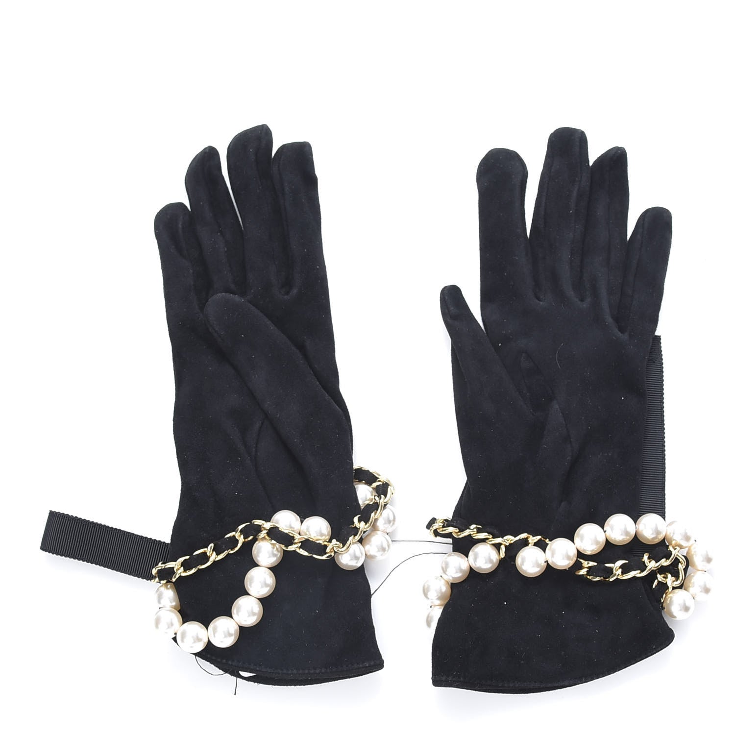 Chanel Suede Lambskin Pearl Grosgrain Gloves 7.5 Black 2 of 5