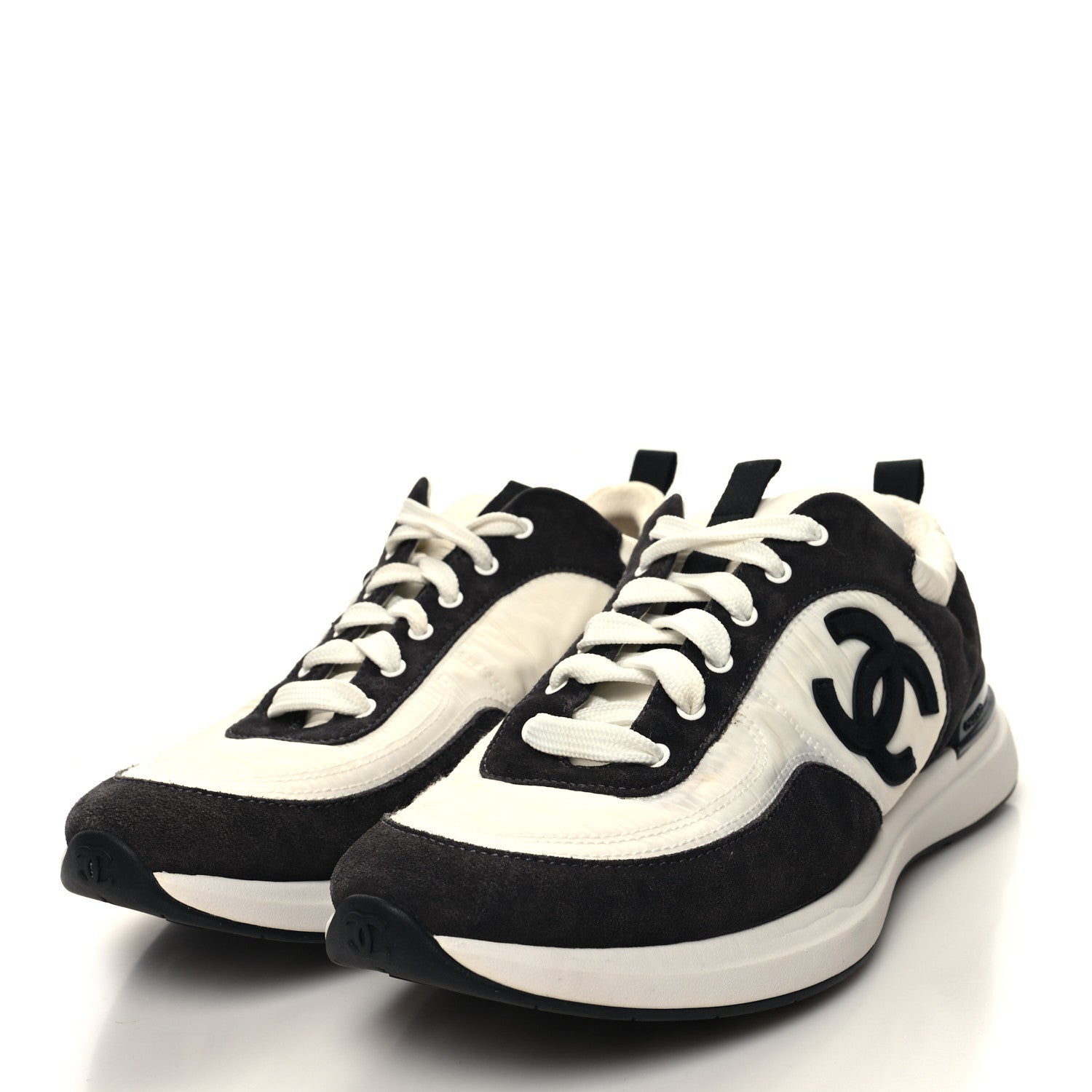 Chanel Nylon Calfskin Suede Womens CC Sneakers 41.5 White Black 3 of 10