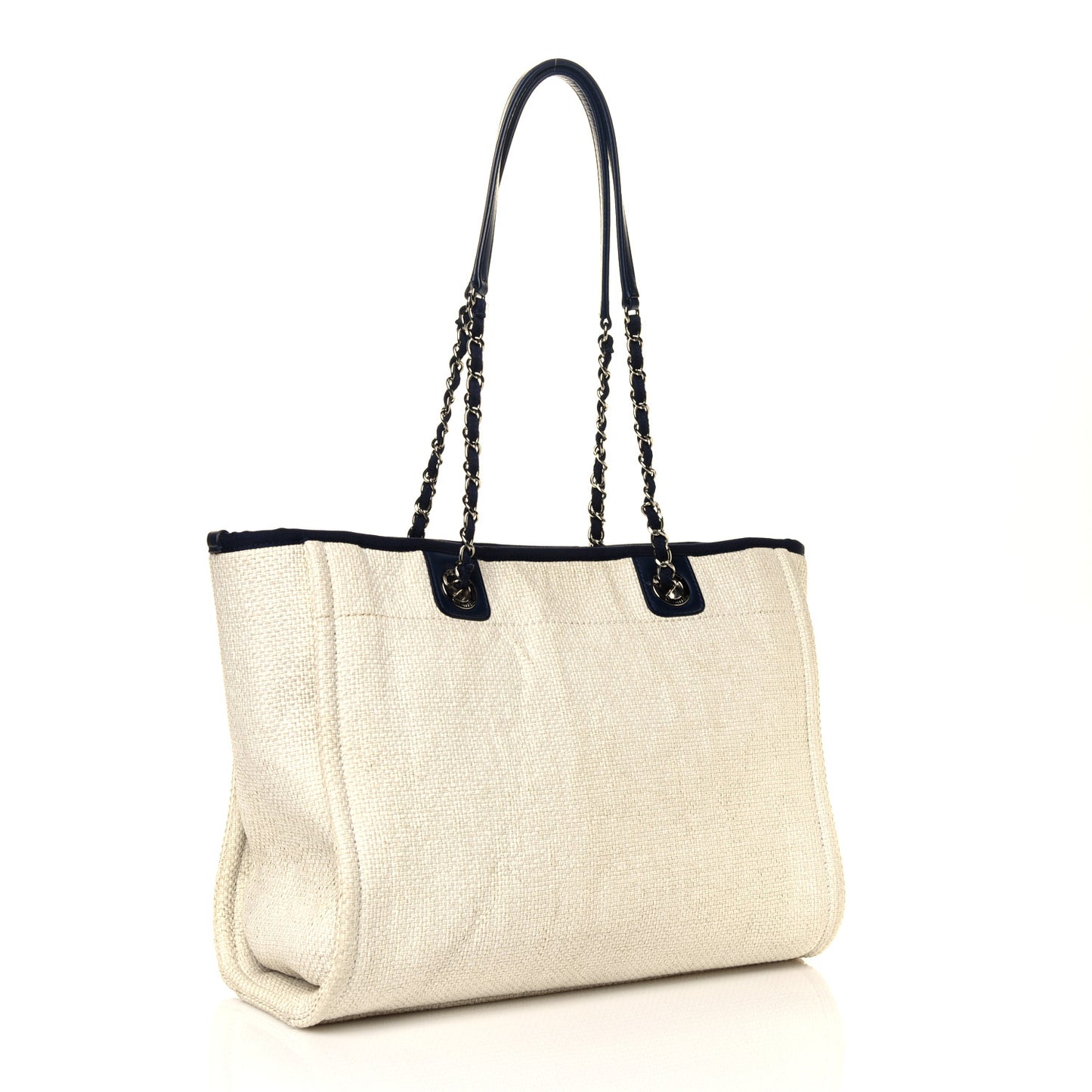 Woven Straw Raffia Small Deauville Tote White Navy