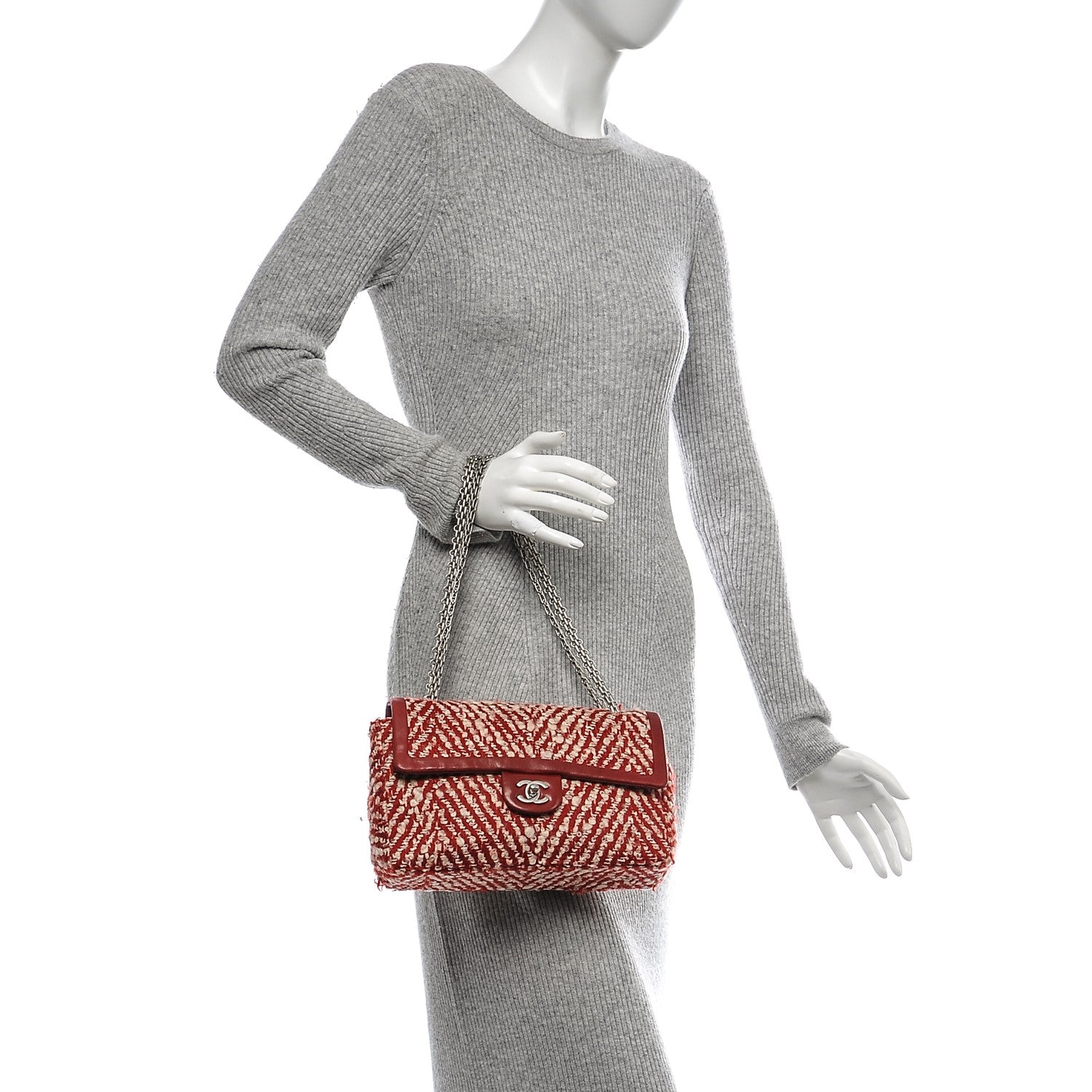 Chanel Chevron Tweed Medium Flap Red White 2 of 9