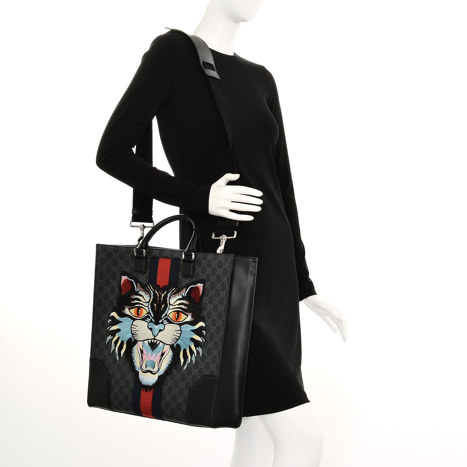 Gucci GG Supreme Monogram Web Angry Cat Embroidered Vertical Tote Black Grey 2 of 7