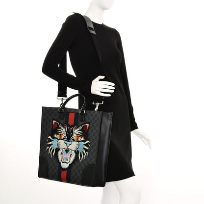 Gucci GG Supreme Monogram Web Angry Cat Embroidered Vertical Tote Black Grey 2 of 7
