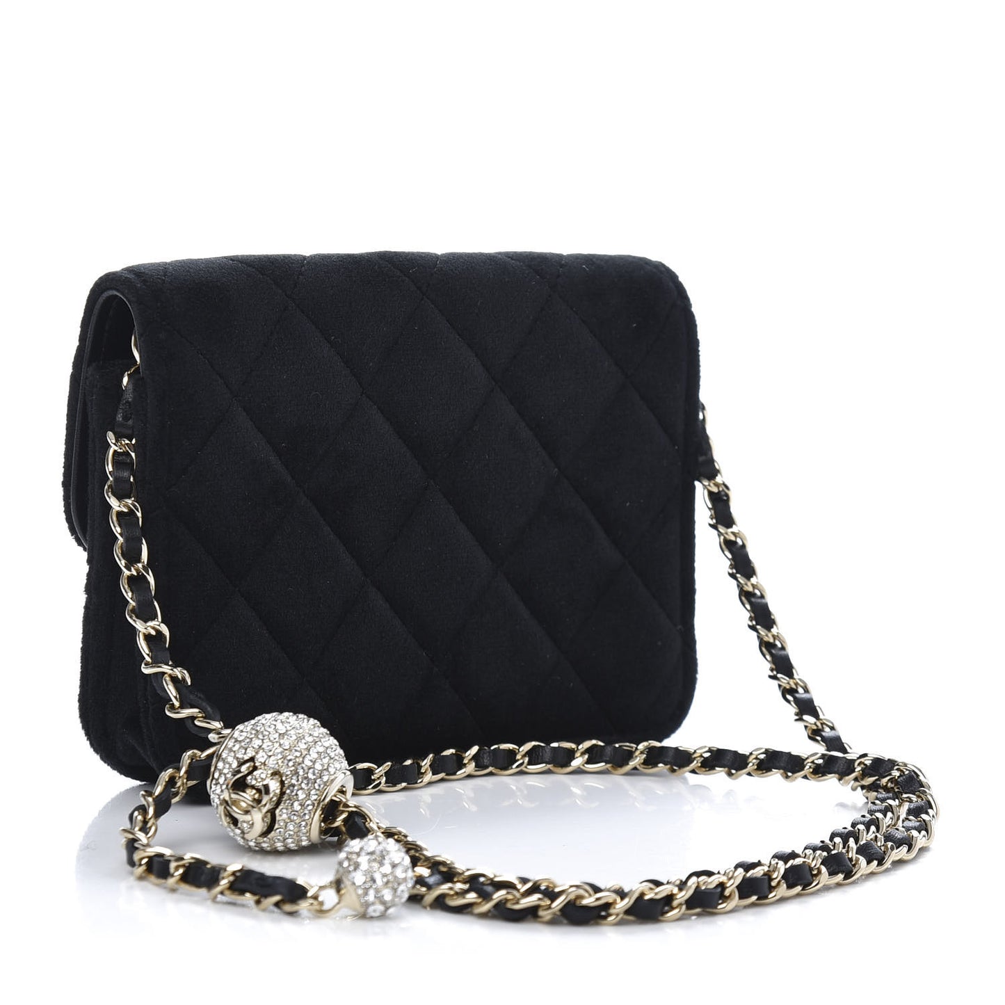 Velvet Quilted Pearl Crush Clutch With Chain Black