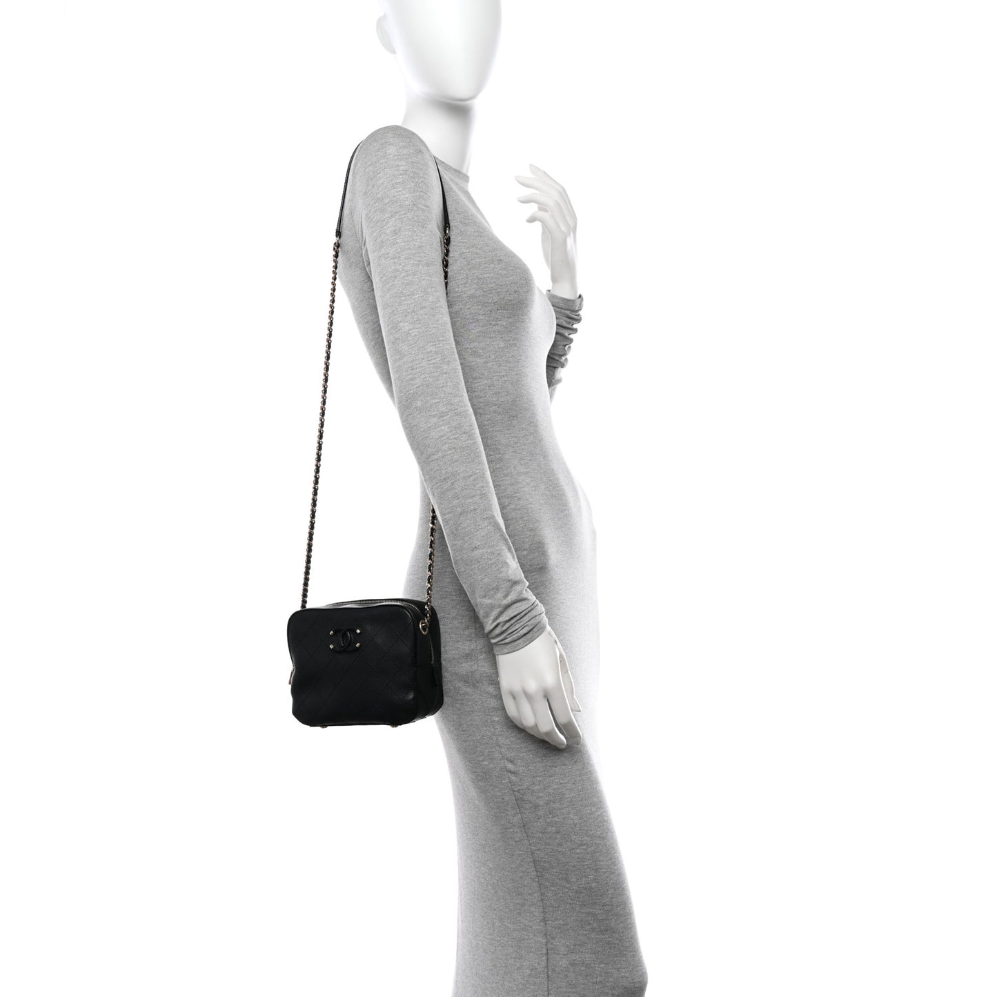 Calfskin Stitched Covered CC Camera Case Bag Black