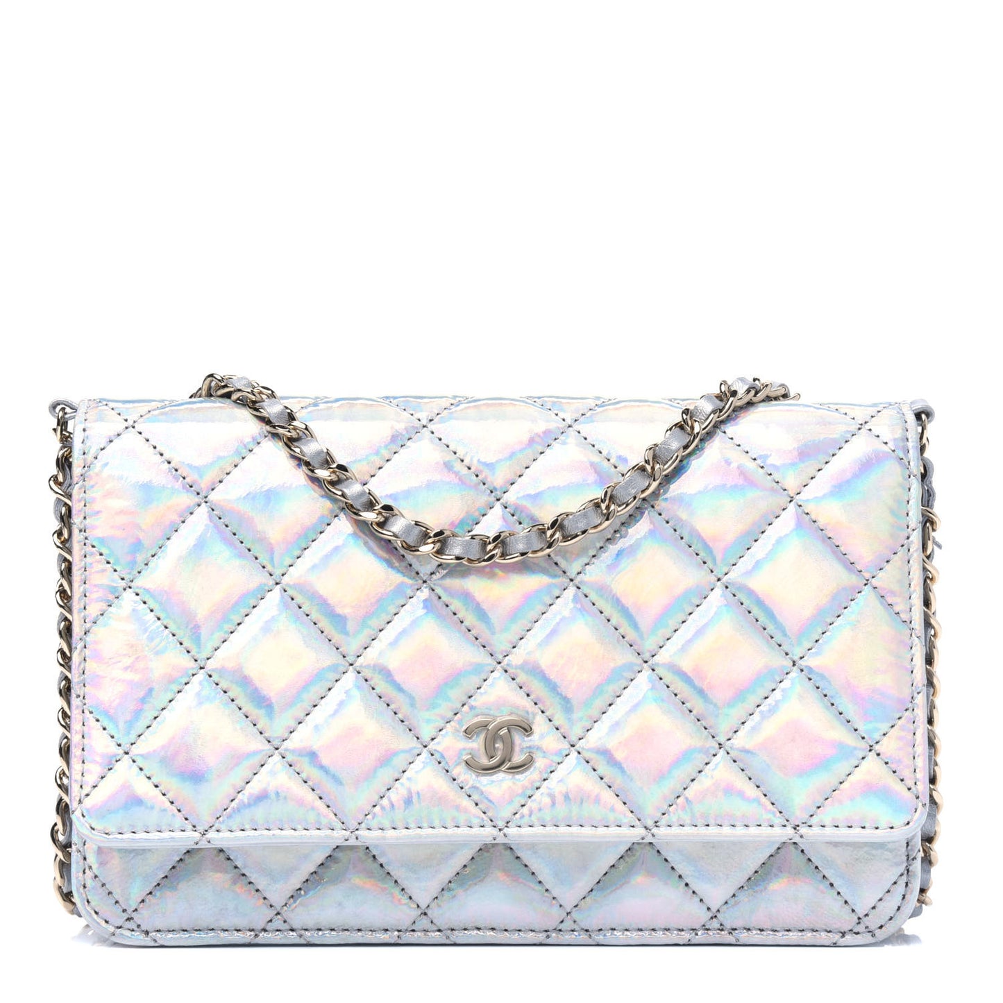 Iridescent Goatskin Quilted Wallet On Chain WOC Silver