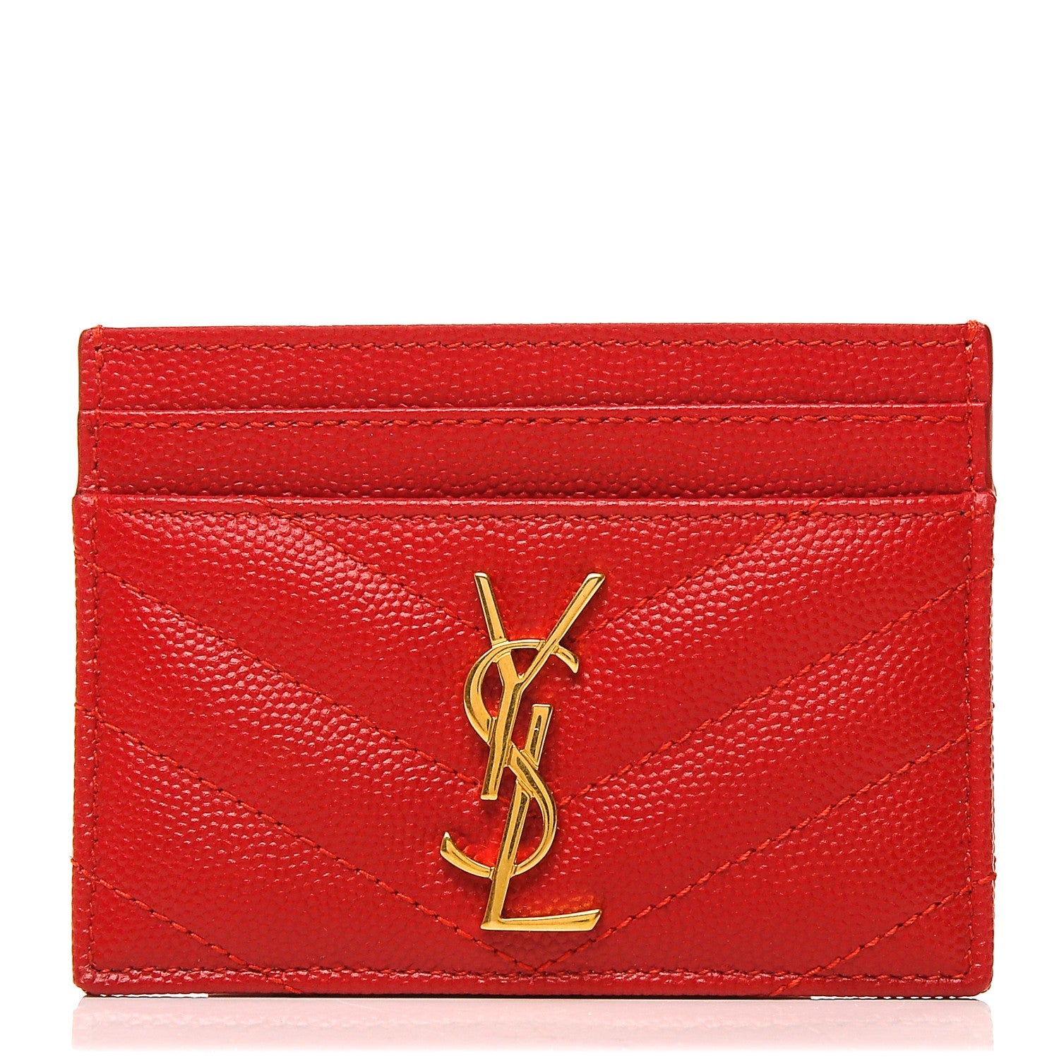 Saint Laurent Grain De Poudre Matelasse Chevron Monogram Credit Card Case New Red 1 of 6