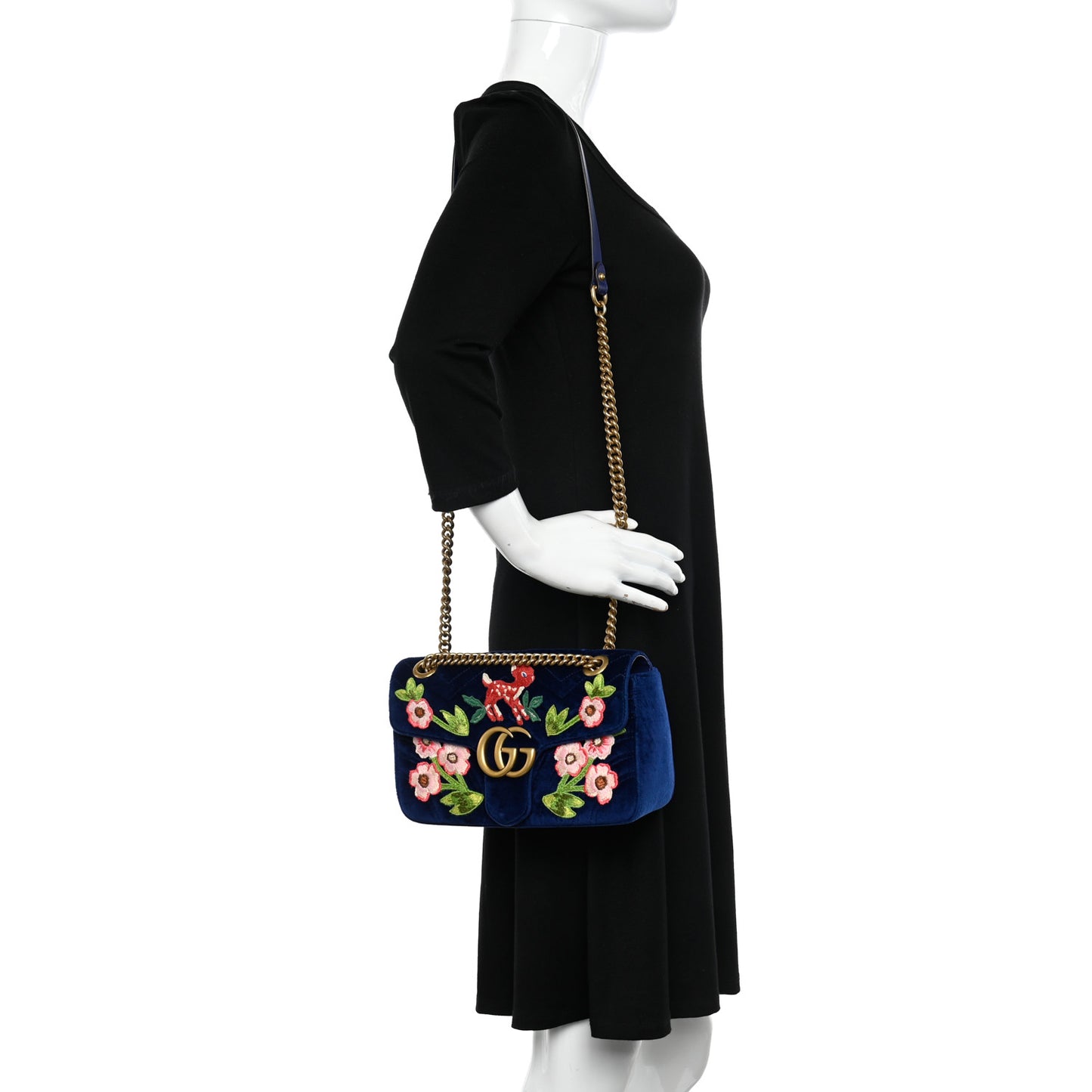 Velvet Matelasse Deer Embroidered Small GG Marmont Shoulder Bag Cobalt