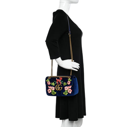 Gucci Velvet Matelasse Deer Embroidered Small GG Marmont Shoulder Bag Cobalt 2 of 10