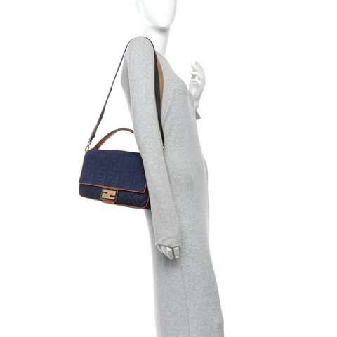 Denim Vitello King FF Embroidered Large Baguette Blue Cuoio
