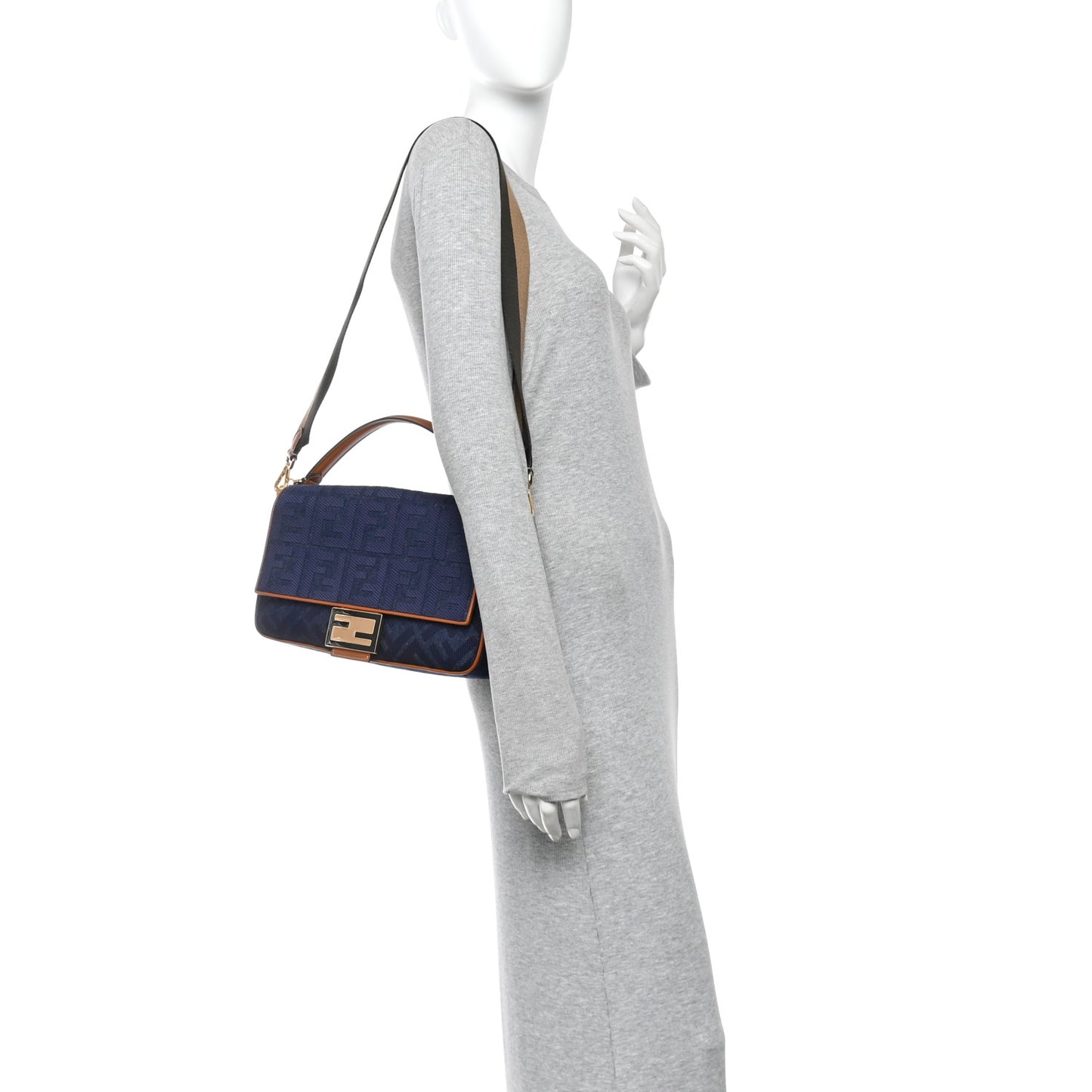 Denim Vitello King FF Embroidered Large Baguette Blue Cuoio
