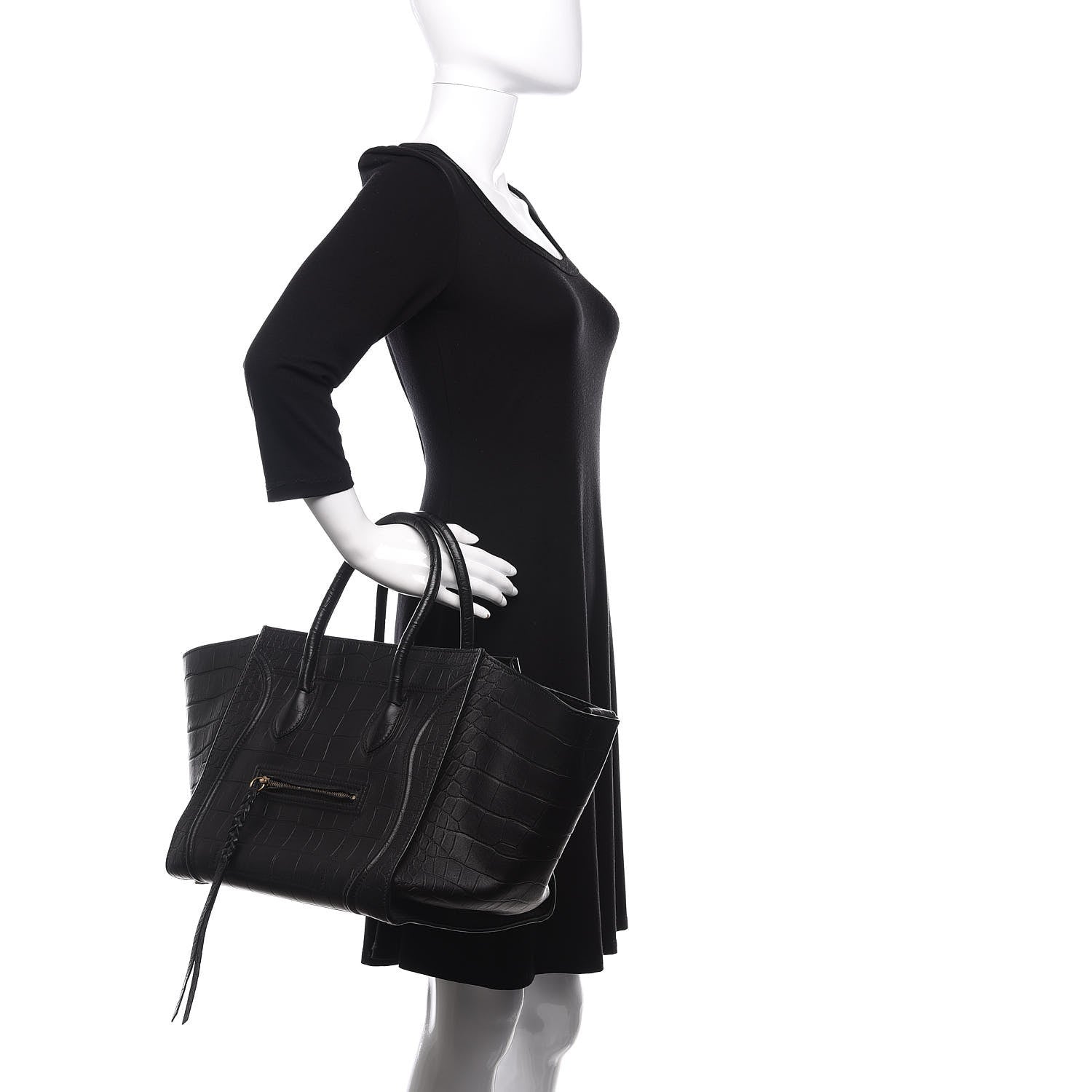 Celine Crocodile Embossed Calfskin Medium Phantom Luggage Black 2 of 9
