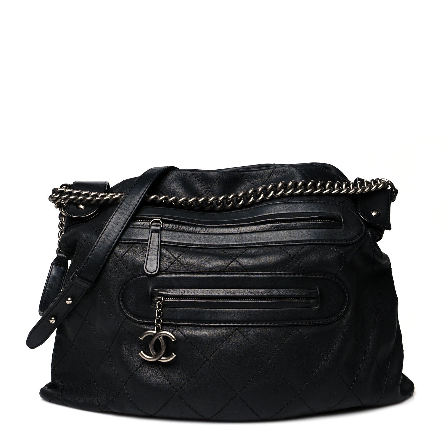 Chanel Calfskin Stitched Double Zip Hobo Black 1 of 9