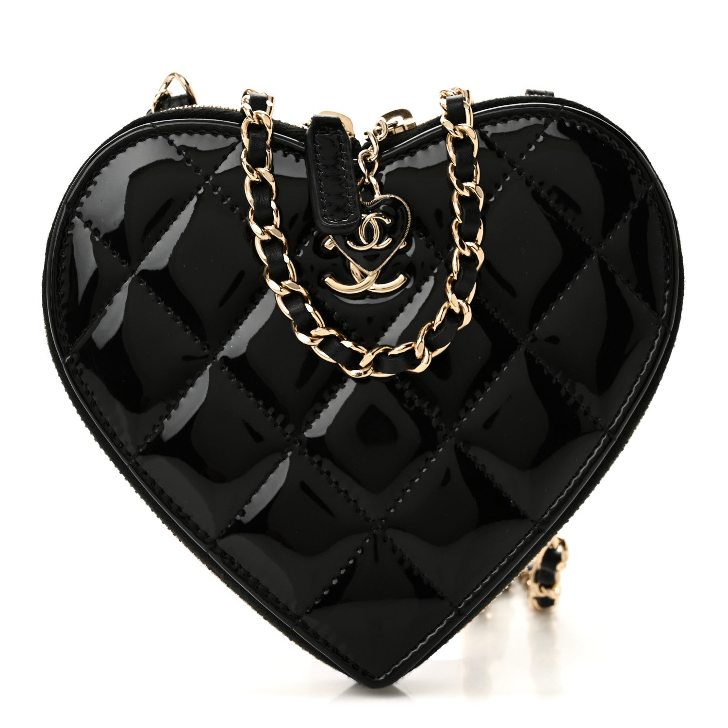 Chanel Patent Calfskin Resin Quilted CC Heart Clutch With Chain Black 1 of 17