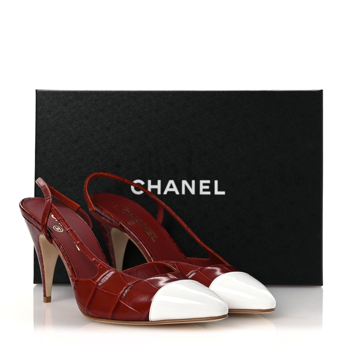 Patent Calfskin Crocodile Embossed Cap Toe CC Slingback Pumps 39 Dark Red White