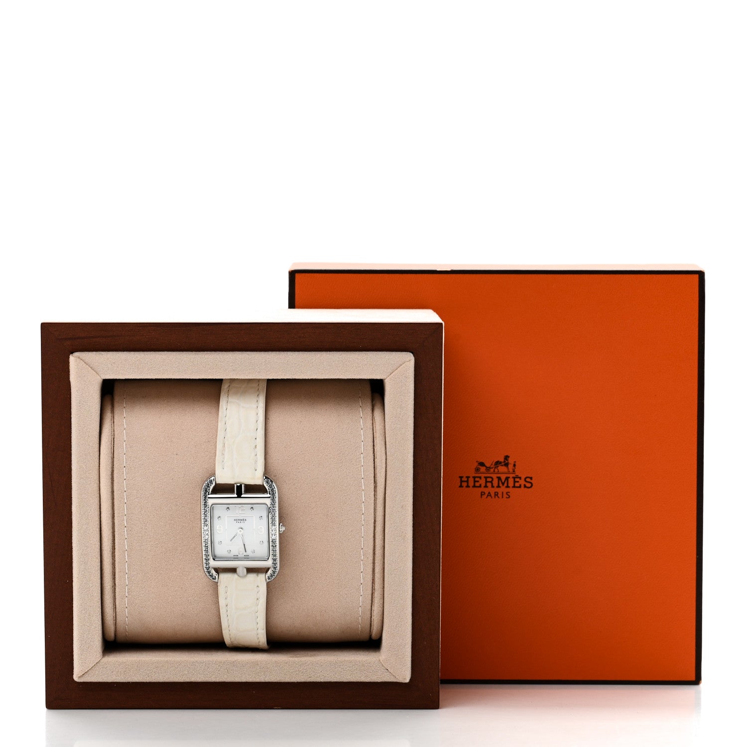 Hermes Stainless Steel Alligator Diamond Bezel Mother of Pearl 23mm Cape Cod Quartz Watch Blanc 5 of 5