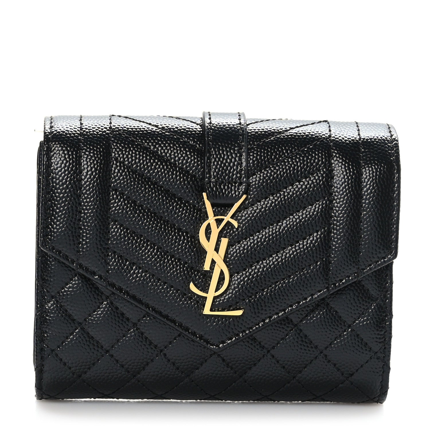 Saint Laurent Grain De Poudre Mixed Matelasse Triquilt Monogram Compact Tri Fold Wallet Black 1 of 6