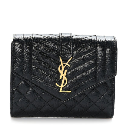 Saint Laurent Grain De Poudre Mixed Matelasse Triquilt Monogram Compact Tri Fold Wallet Black 1 of 6