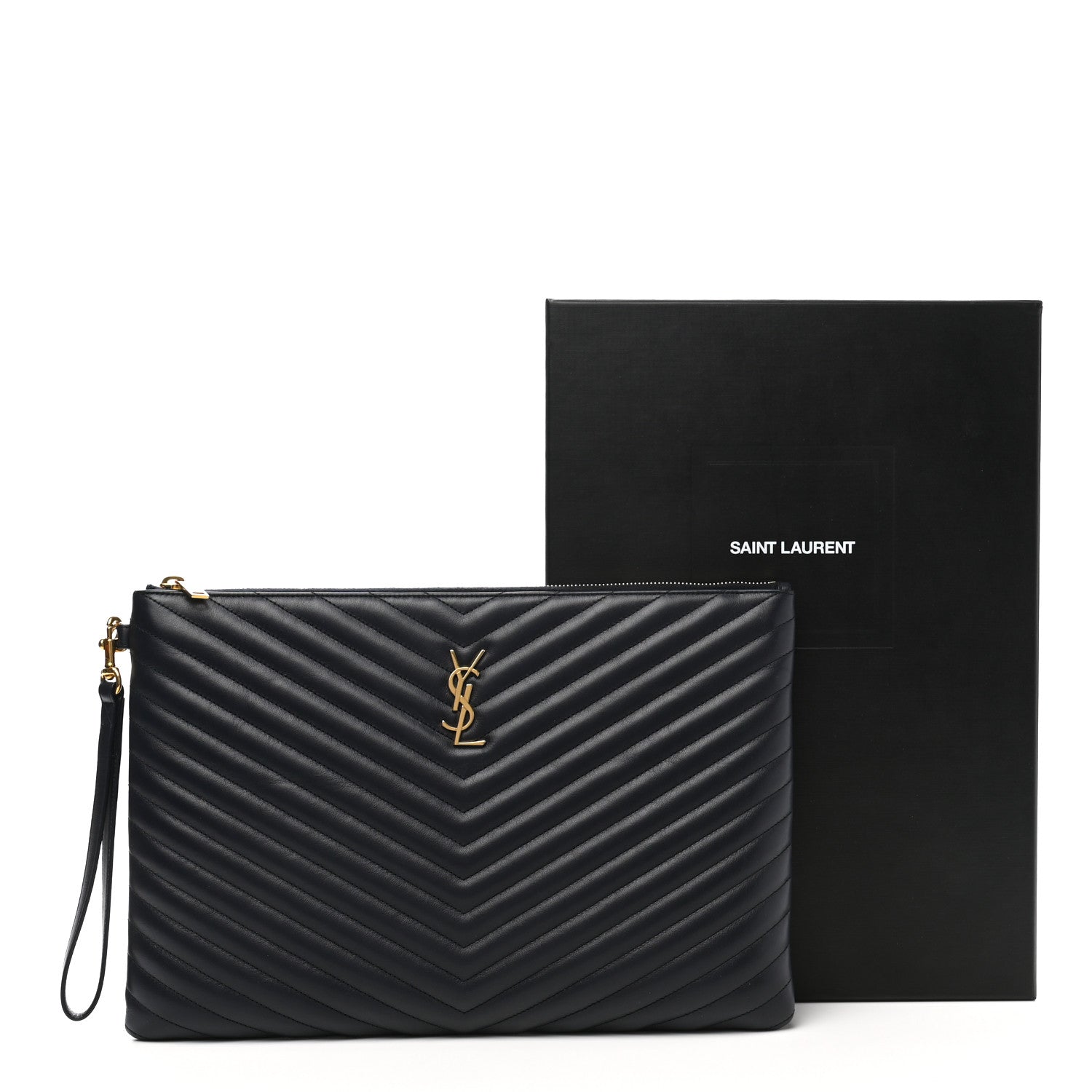 Saint Laurent Calfskin Matelasse Chevron Monogram Document Holder Marine 8 of 8