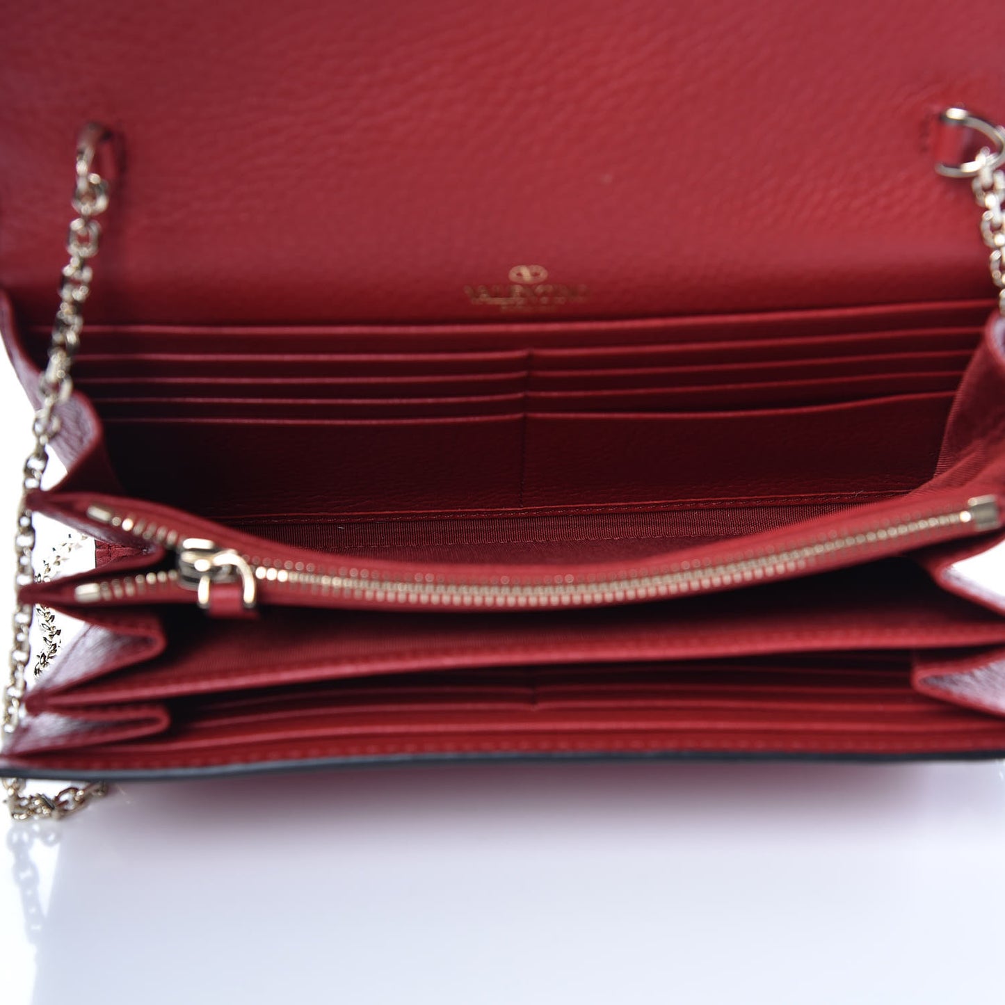 Pebbled Calfskin Rockstud Envelope Wallet on Chain Rosso Valentino