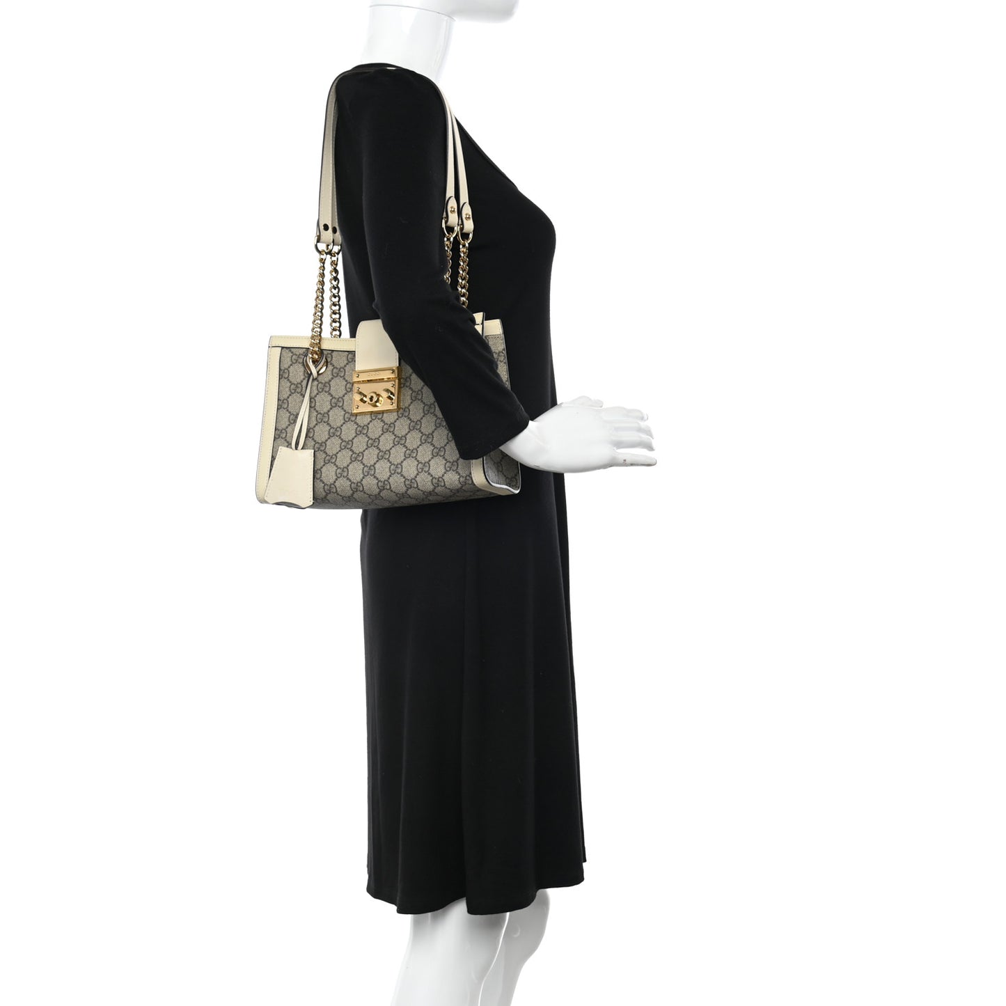 GG Supreme Monogram Moon Calfskin Small Padlock Tote Beige Ebony Mystic White