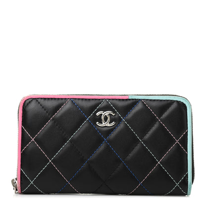 Chanel Lambskin Quilted Small Gusset Zip Around Wallet Black Pink Light Blue 1 of 12