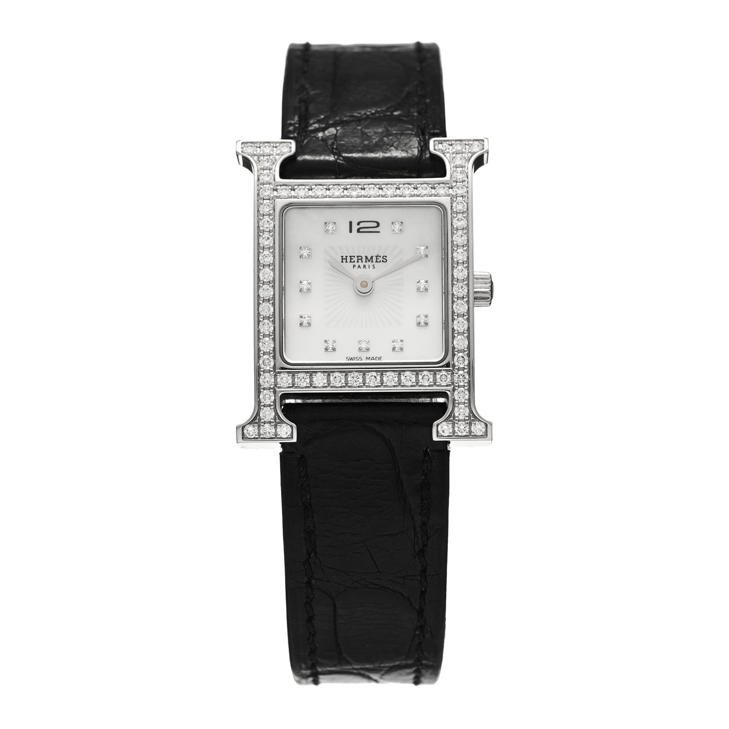Stainless Steel Alligator Diamond Bezel Mother of Pearl 21mm Heure H Hour Quartz Watch Noir