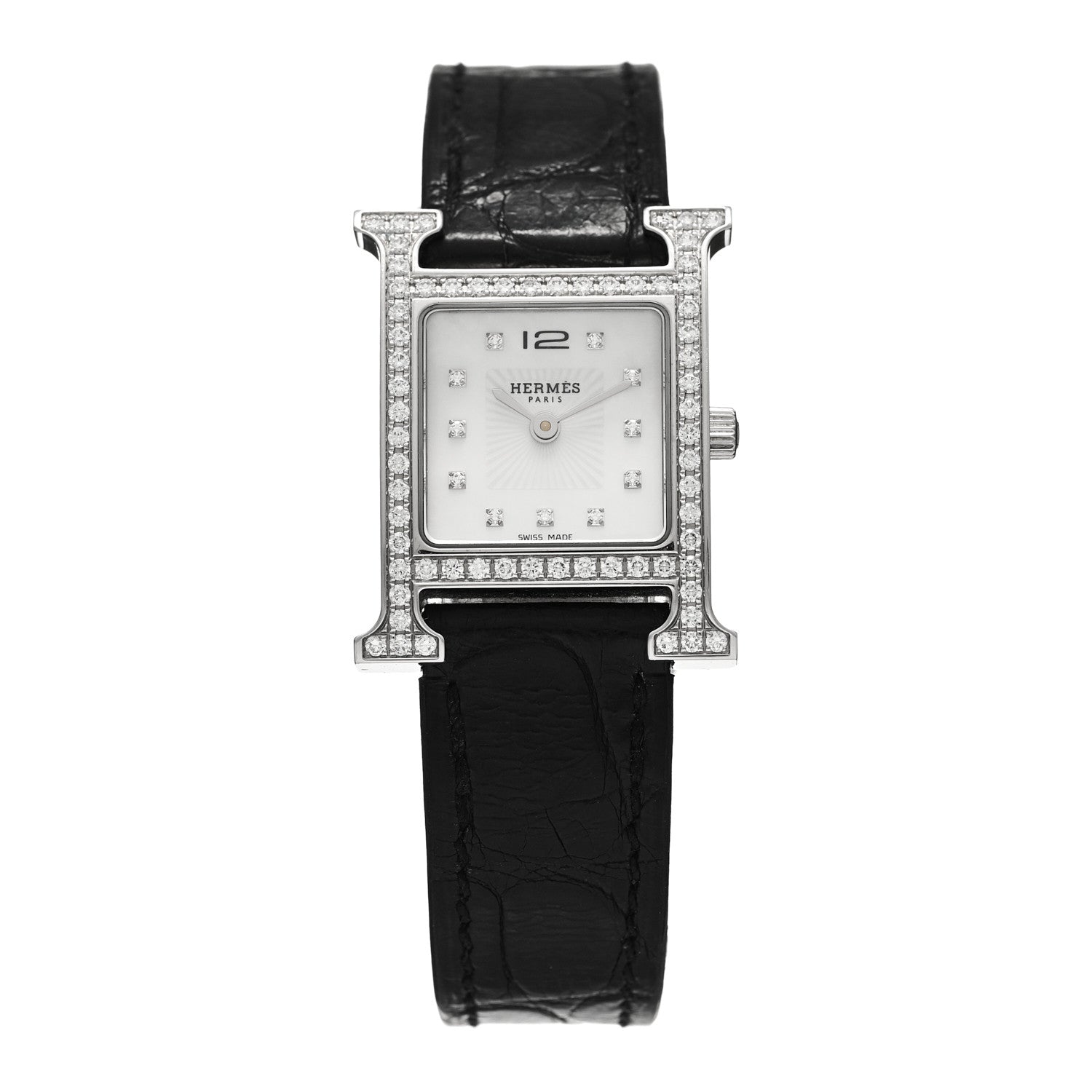 Hermes Stainless Steel Alligator Diamond Bezel Mother of Pearl 21mm Heure H Hour Quartz Watch Noir 1 of 5