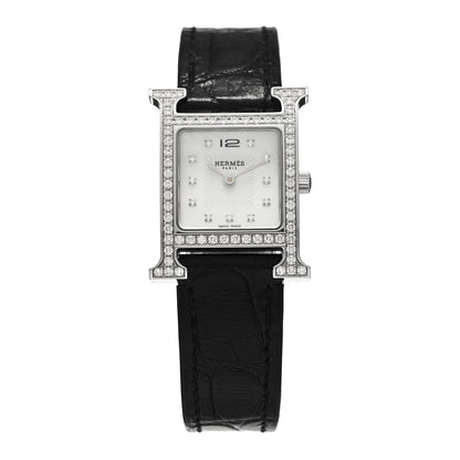 Hermes Stainless Steel Alligator Diamond Bezel Mother of Pearl 21mm Heure H Hour Quartz Watch Noir 1 of 5