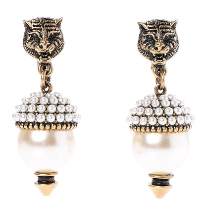 Gucci Metal Resin Pearl Feline Clip On Earrings Aged Gold 1 of 5