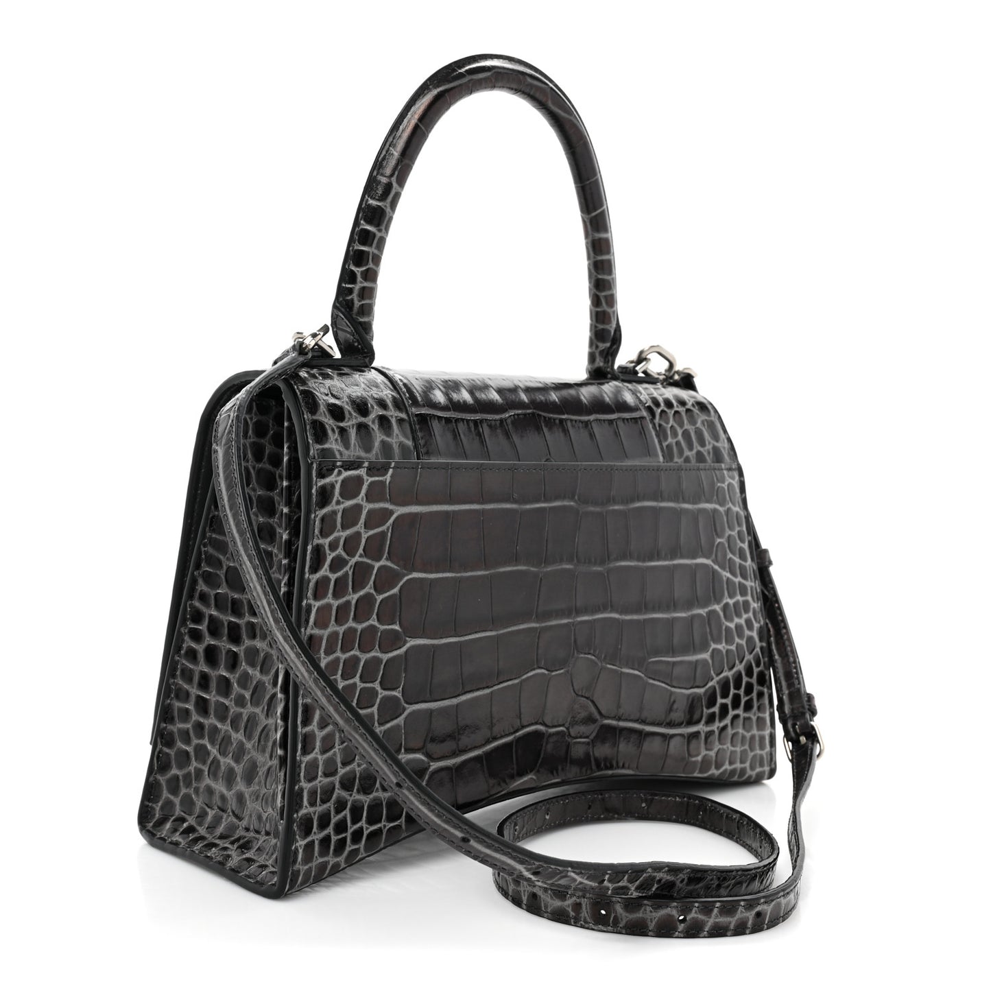 Shiny Calfskin Crocodile Embossed Medium Hourglass Top Handle Bag Dark Grey
