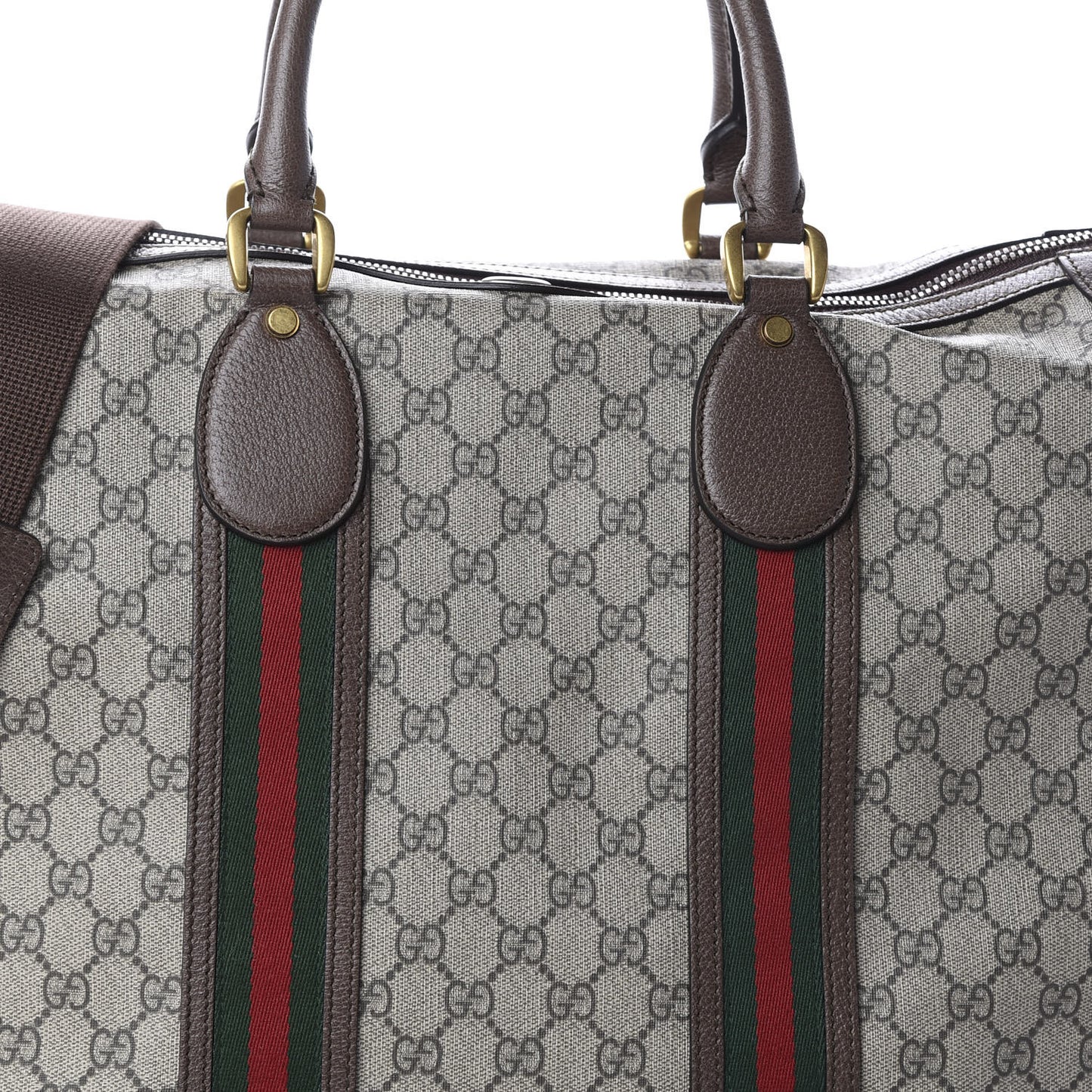 Soft GG Supreme Monogram Textured Dollar Calfskin Web Large Ophidia Carry-On Duffle Bag Beige Ebony New Acero