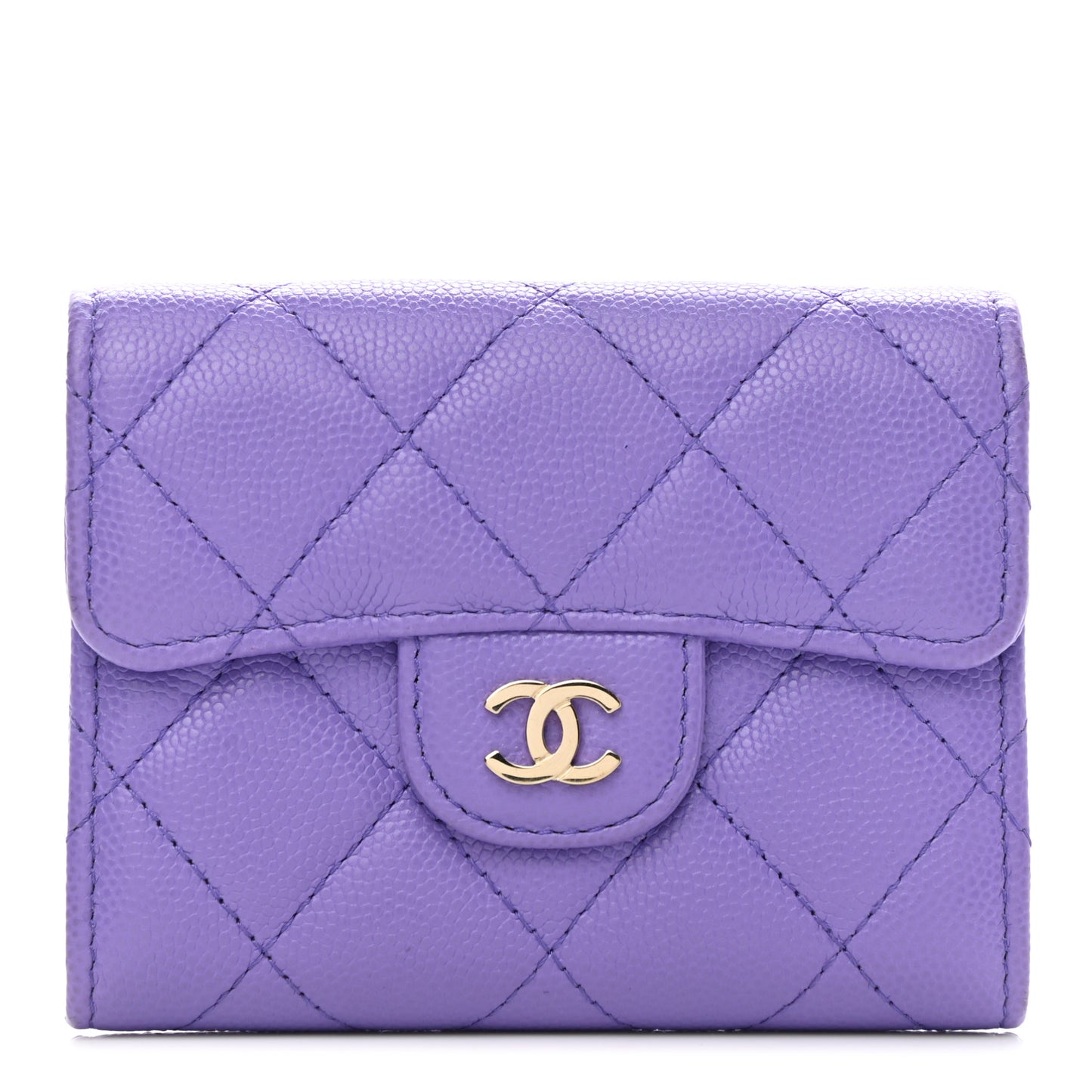 Caviar Quilted Flap Card Holder Wallet Purple