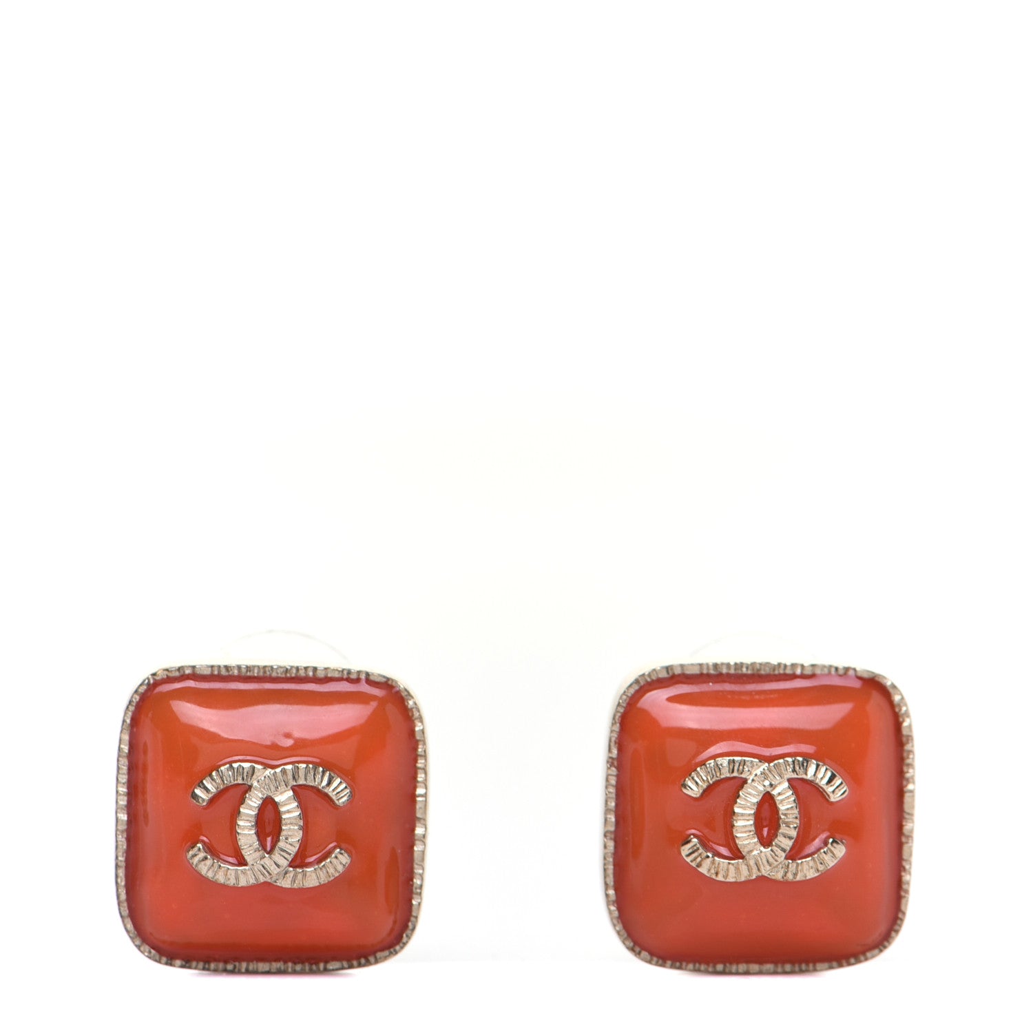 Chanel Enamel CC Square Earrings Coral Gold 1 of 7