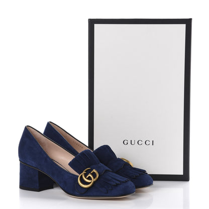 Gucci Kid Scamosciato GG Marmont Fringe 50mm Loafer Pumps 37 Blue Ink 10 of 10