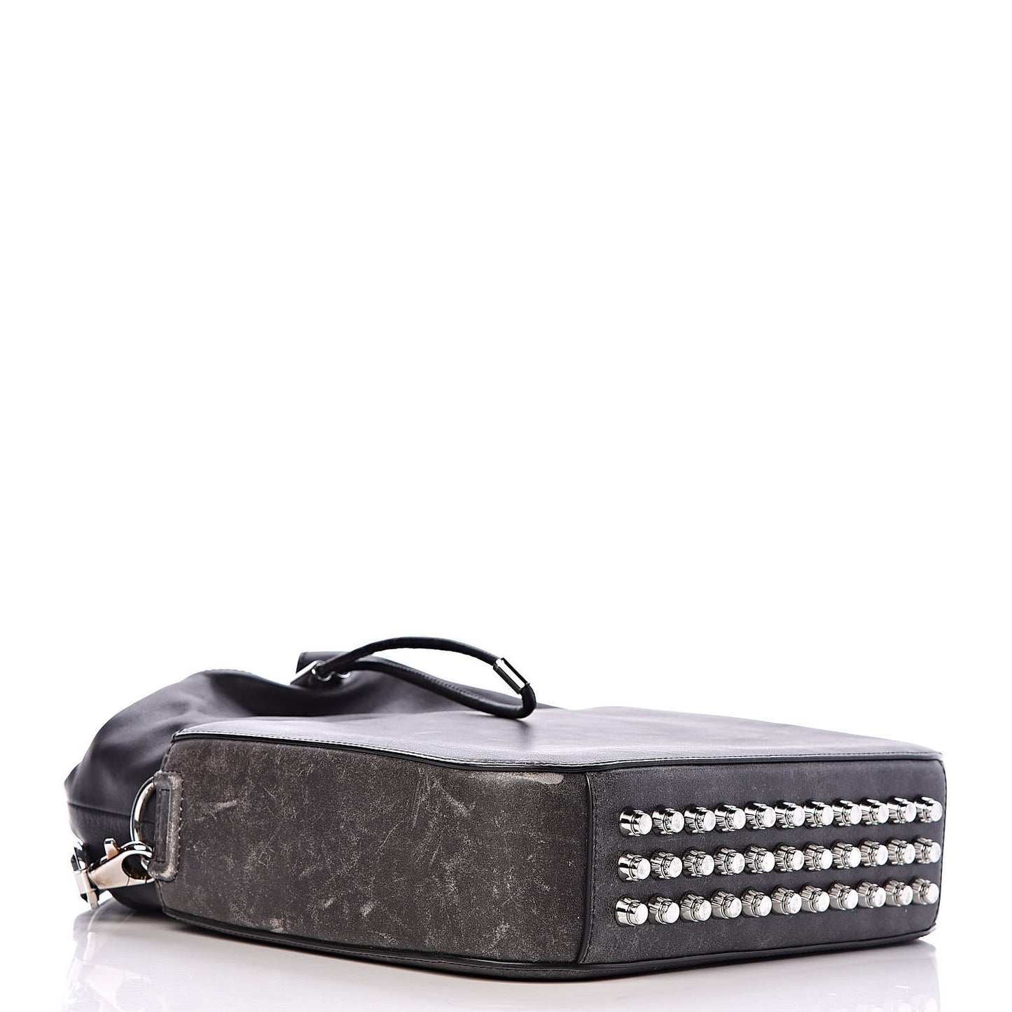 Distressed Calfskin Flat Drawstring Bucket Black
