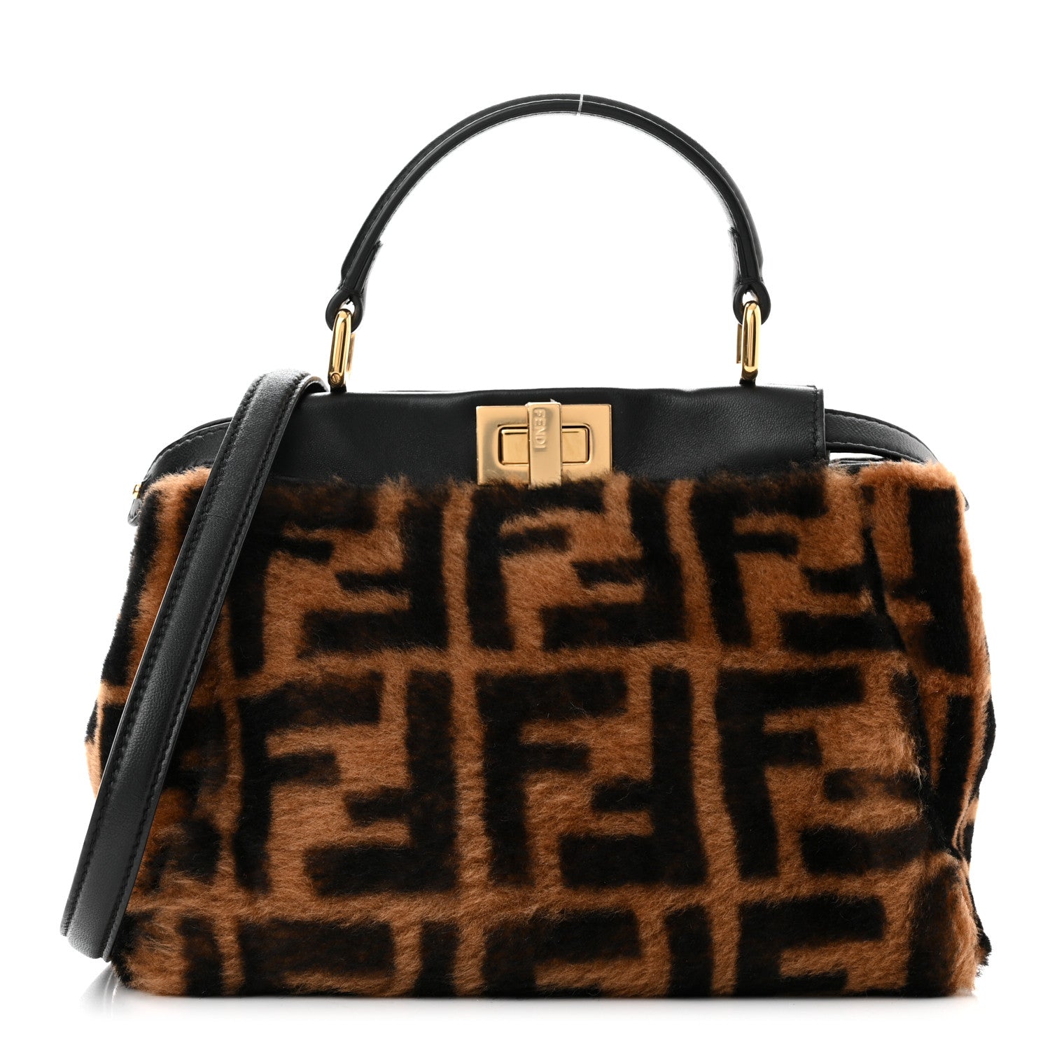 Fendi Shearling Nappa Macro FF 1974 Mini Peekaboo Iconic Satchel Tobacco Black 1 of 10