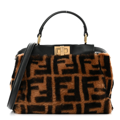Fendi Shearling Nappa Macro FF 1974 Mini Peekaboo Iconic Satchel Tobacco Black 1 of 10