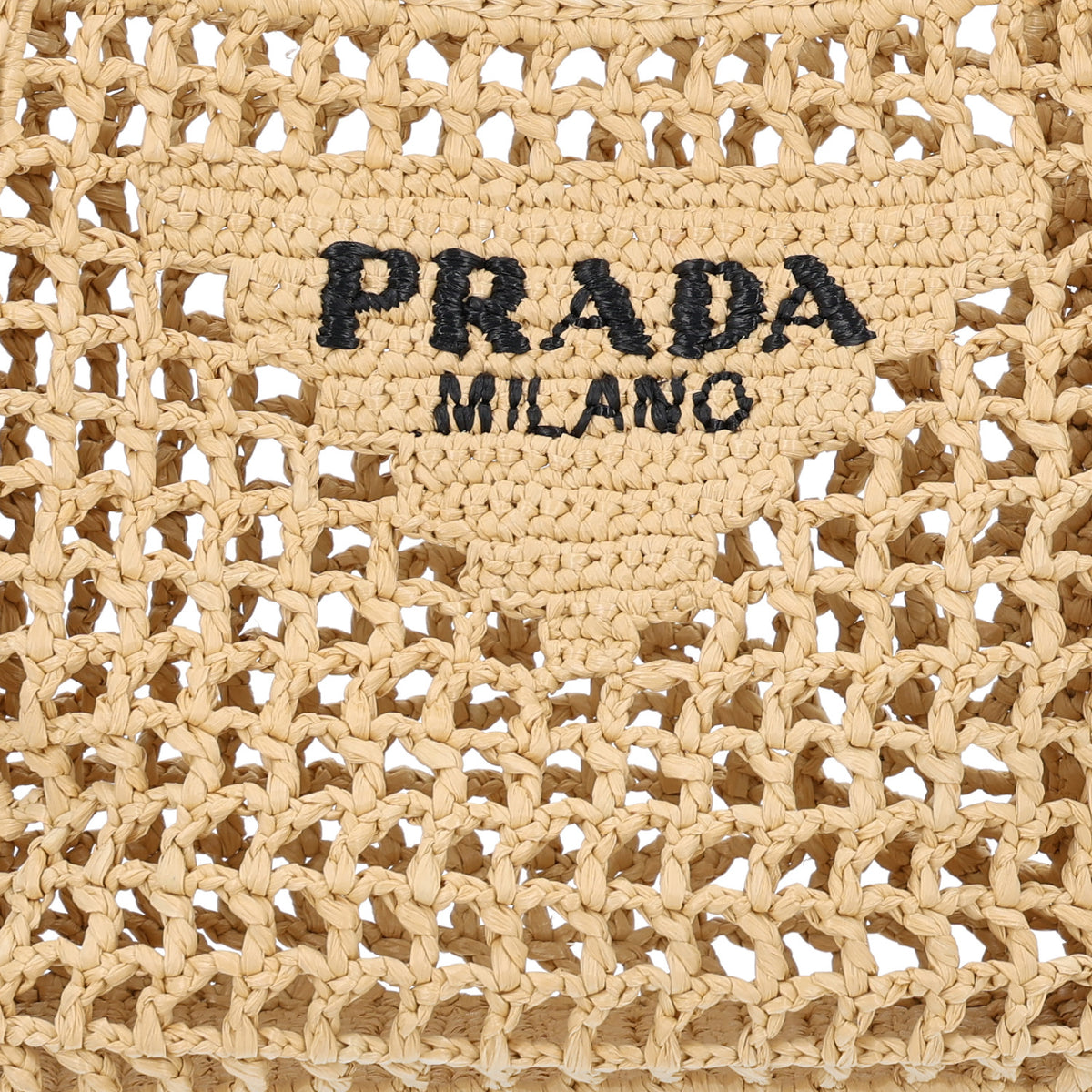 PRADA Yarn Raffia Effect Crochet Logo Embroidered Small Tote Bag Naturale