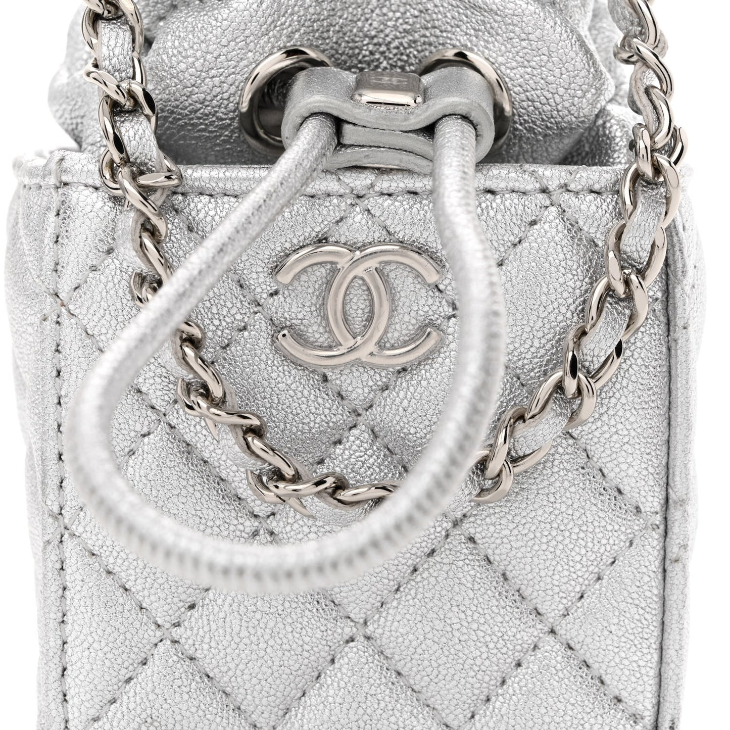 Metallic Caviar Quilted Mini Drawstring Bucket Bag Silver